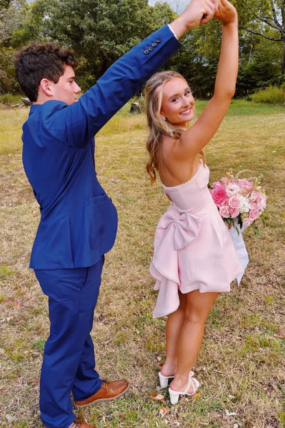 Cute Pink Strapless Back Bow A-Line Short Homecoming Dress With Pearls AS1254