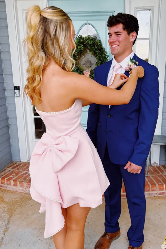 Cute Pink Strapless Back Bow A-Line Short Homecoming Dress With Pearls AS1254