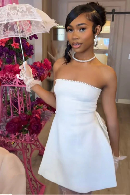 Cute Pink Strapless Back Bow A-Line Short Homecoming Dress With Pearls AS1254