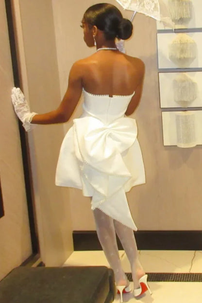 Cute Pink Strapless Back Bow A-Line Short Homecoming Dress With Pearls AS1254