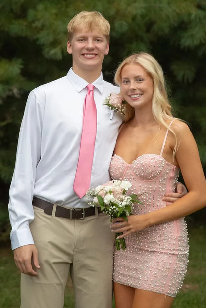 Charming Light Pink Spaghetti Straps Sweetheart Neck Beaded Bodycon Homecoming Dress AS1256