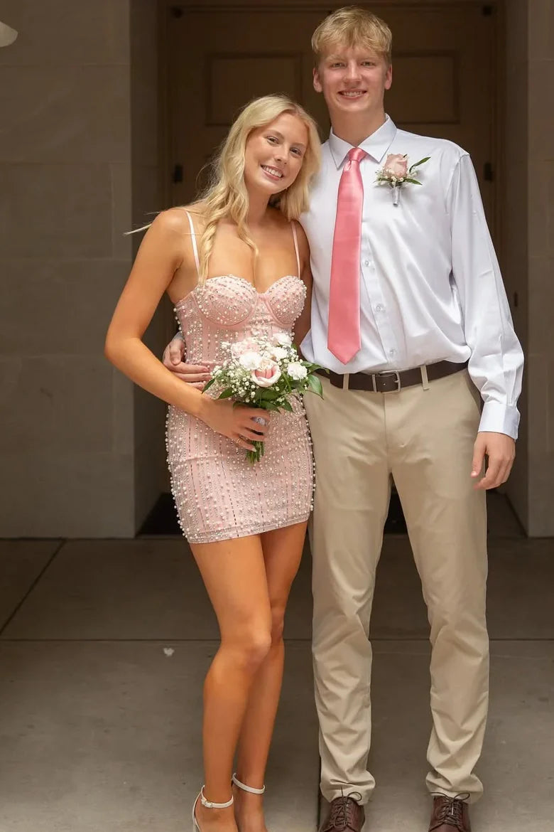Charming Light Pink Spaghetti Straps Sweetheart Neck Beaded Bodycon Homecoming Dress AS1256