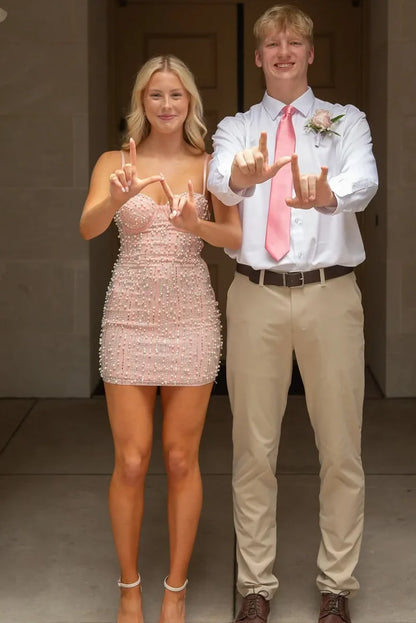 Charming Light Pink Spaghetti Straps Sweetheart Neck Beaded Bodycon Homecoming Dress AS1256