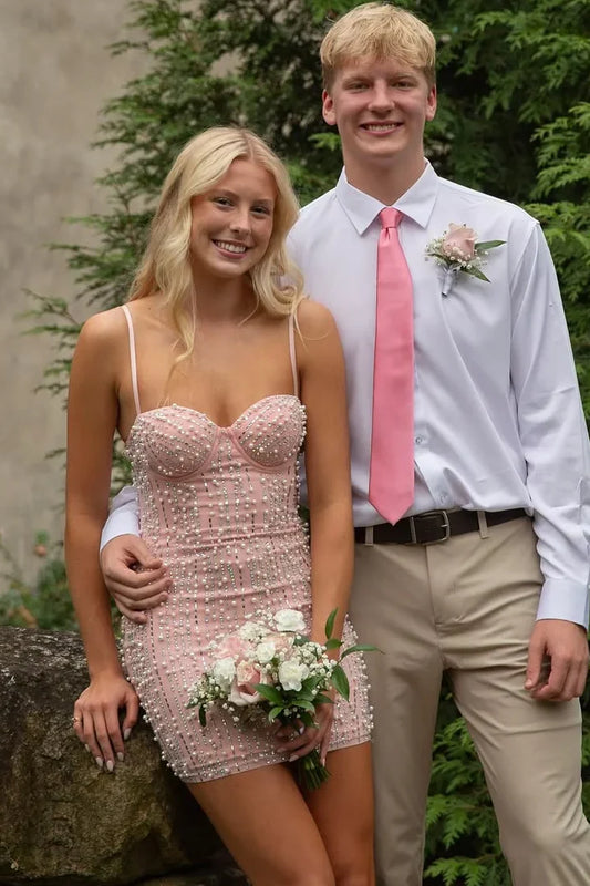 Charming Light Pink Spaghetti Straps Sweetheart Neck Beaded Bodycon Homecoming Dress AS1256