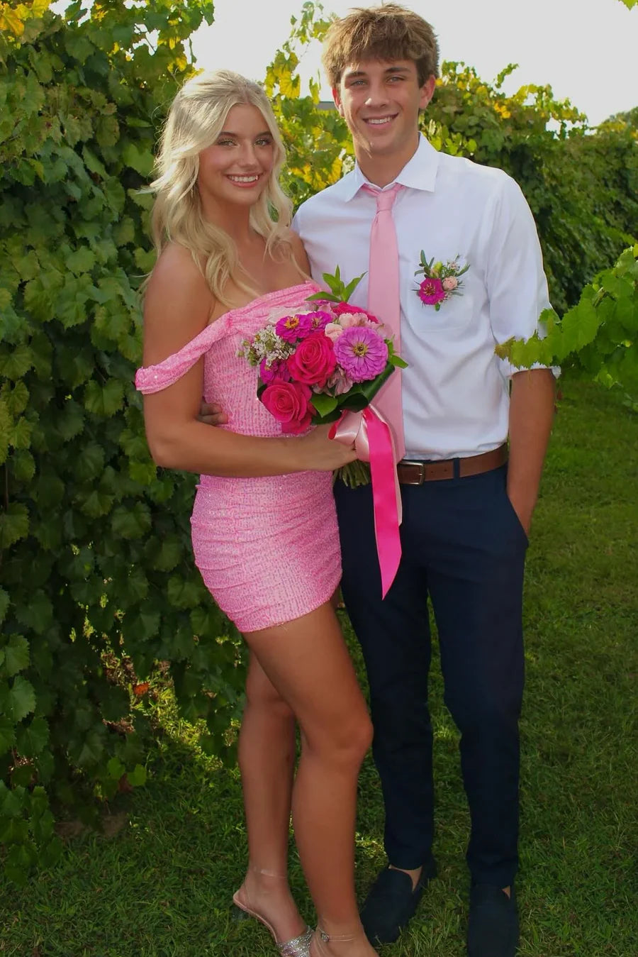 Sparkle Hot Pink Off-Shoulder Sequin Bodycon Mini Homecoming Dress AS1258