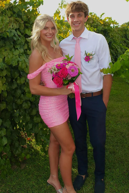 Sparkle Hot Pink Off-Shoulder Sequin Bodycon Mini Homecoming Dress AS1258