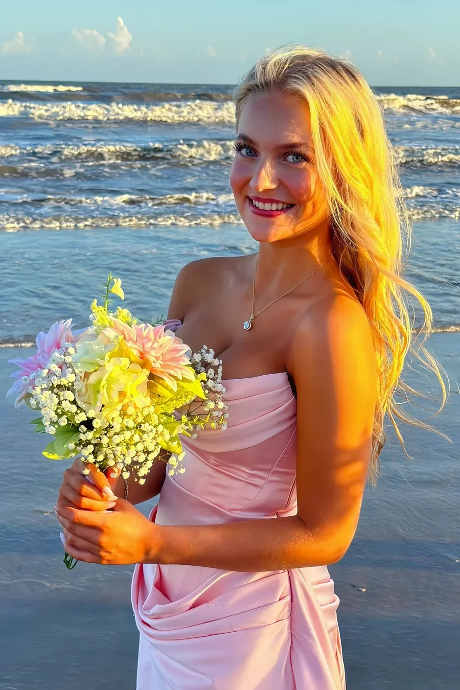 Chic Pink Strapless Draped Cowl Pleats Satin Bodycon Short Homecoming Dress With Long Side Sash AS1259