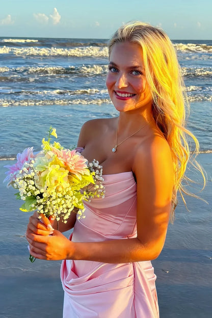 Chic Pink Strapless Draped Cowl Pleats Satin Bodycon Short Homecoming Dress With Long Side Sash AS1259