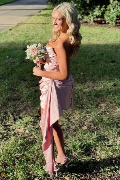 Chic Pink Strapless Draped Cowl Pleats Satin Bodycon Short Homecoming Dress With Long Side Sash AS1259