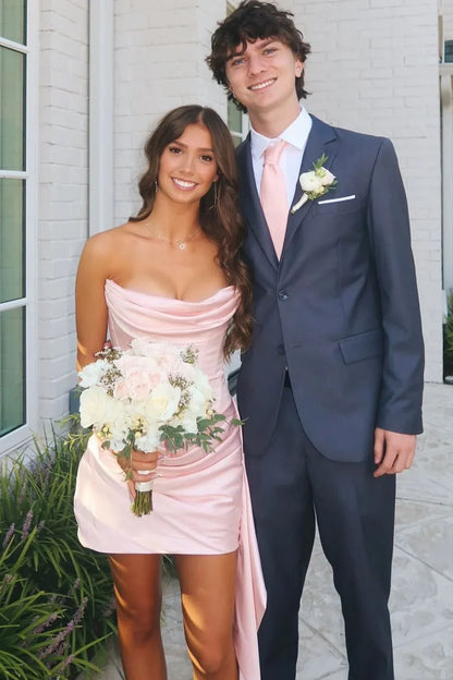 Chic Pink Strapless Draped Cowl Pleats Satin Bodycon Short Homecoming Dress With Long Side Sash AS1259