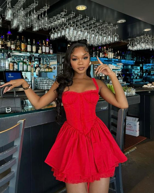 Chic Bright Red Straps Sweetheart Corset Bust Satin A Line Short Homecoming Dress AS1264