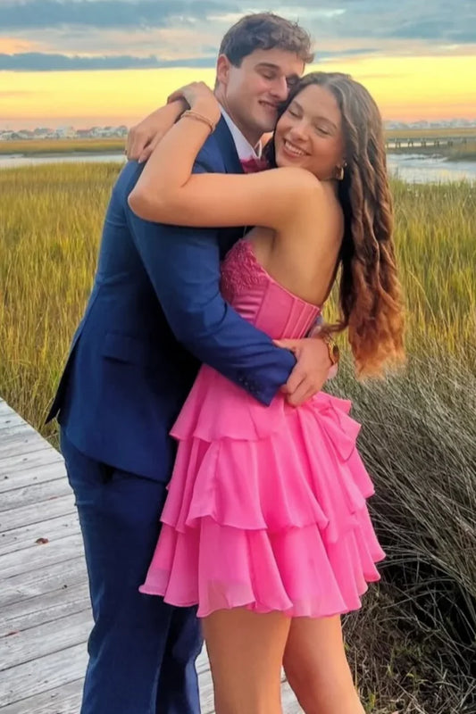 Gorgeous Hot Pink Strapless Floral Lace Corset Bust Chiffon Tiered Ruffle A Line Short Homecoming Dress AS1265