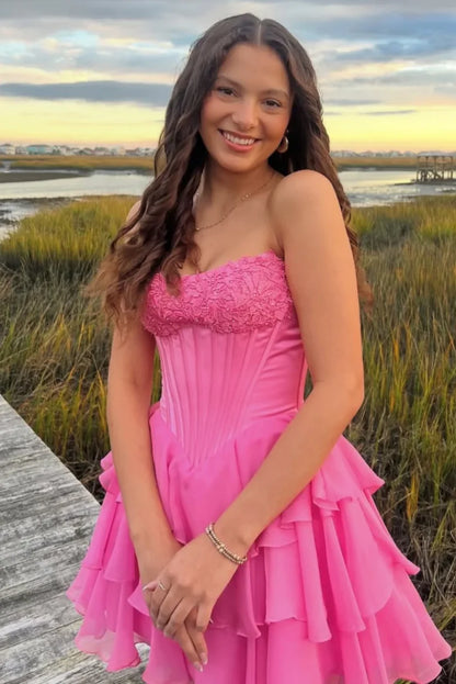 Gorgeous Hot Pink Strapless Floral Lace Corset Bust Chiffon Tiered Ruffle A Line Short Homecoming Dress AS1265