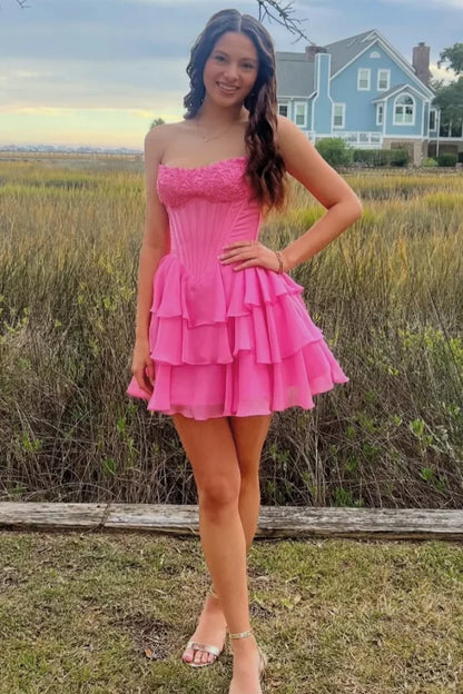 Gorgeous Hot Pink Strapless Floral Lace Corset Bust Chiffon Tiered Ruffle A Line Short Homecoming Dress AS1265