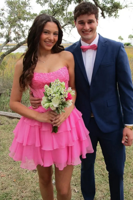 Gorgeous Hot Pink Strapless Floral Lace Corset Bust Chiffon Tiered Ruffle A Line Short Homecoming Dress AS1265