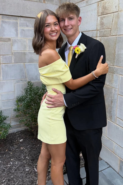 Chic Yellow Off The Shoulder Oversized Bow Bust Bodycon Mini Homecoming Dress AS1266