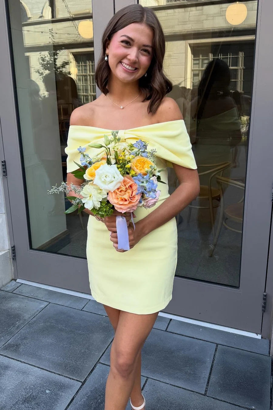 Chic Yellow Off The Shoulder Oversized Bow Bust Bodycon Mini Homecoming Dress AS1266