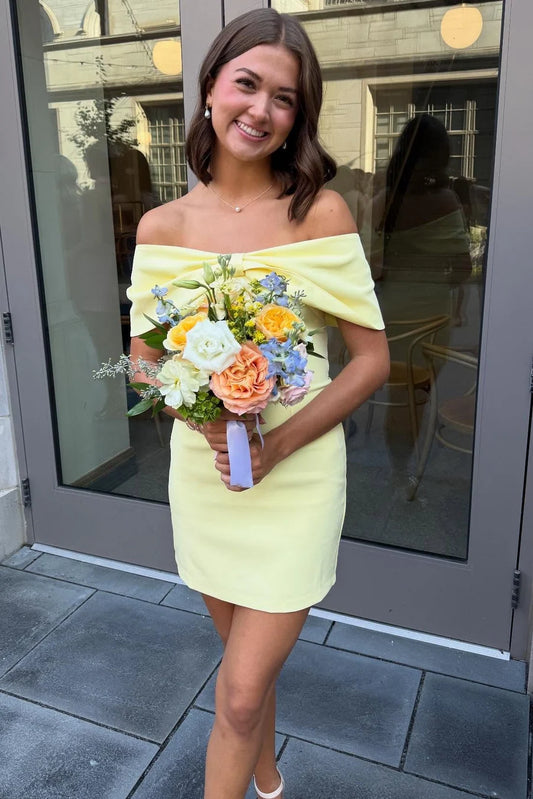 Chic Yellow Off The Shoulder Oversized Bow Bust Bodycon Mini Homecoming Dress AS1266
