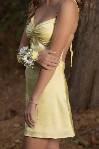 Chic Yellow Spaghetti Straps V Neck Twisted Deep V Bust Lace Panel Satin A-Line Mini Homecoming Dress AS1269