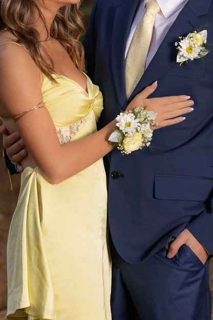 Chic Yellow Spaghetti Straps V Neck Twisted Deep V Bust Lace Panel Satin A-Line Mini Homecoming Dress AS1269