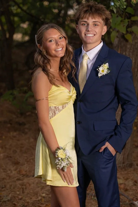 Chic Yellow Spaghetti Straps V Neck Twisted Deep V Bust Lace Panel Satin A-Line Mini Homecoming Dress AS1269