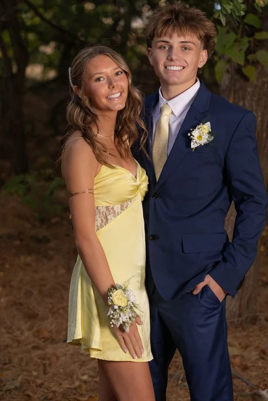Chic Yellow Spaghetti Straps V Neck Twisted Deep V Bust Lace Panel Satin A-Line Mini Homecoming Dress AS1269