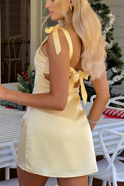 Chic Light Pink Tie Straps Pleats Back Tie Satin Sheath Mini Homecoming Dress AS1270