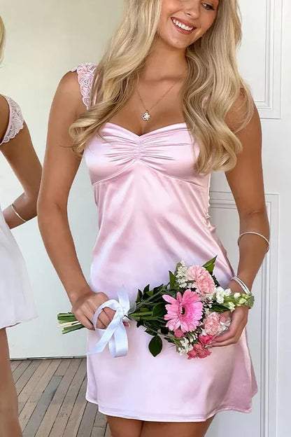 Chic Light Pink Lace Straps Ruched Sweetheart Bust Satin A-Line Mini Homecoming Dress AS1273