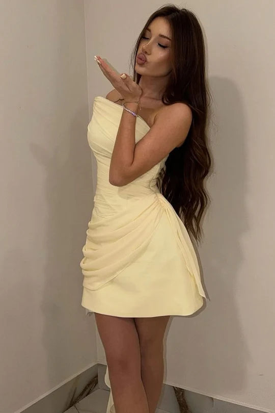 Elegant Yellow Strapless Asymmetrical Neck Ruched Wrap Side Sash A Line Mini Homecoming Dress AS1278