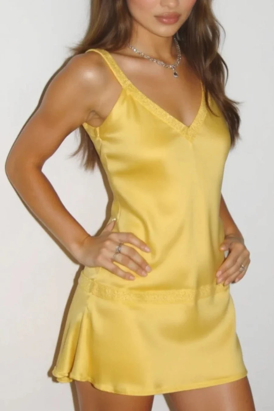 Chic Yellow Rhinestone Trim Straps Deep V Satin Crisscross Cutout Back Slit A Line Mini Homecoming Dress AS1279