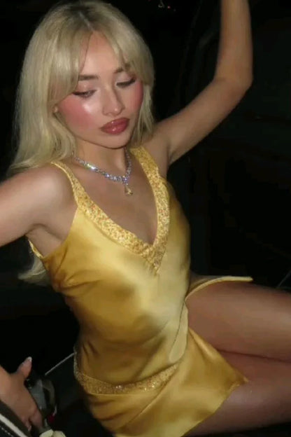 Chic Yellow Rhinestone Trim Straps Deep V Satin Crisscross Cutout Back Slit A Line Mini Homecoming Dress AS1279