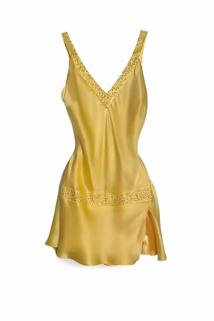 Chic Yellow Rhinestone Trim Straps Deep V Satin Crisscross Cutout Back Slit A Line Mini Homecoming Dress AS1279