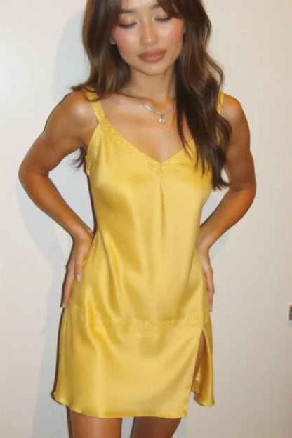 Chic Yellow Rhinestone Trim Straps Deep V Satin Crisscross Cutout Back Slit A Line Mini Homecoming Dress AS1279