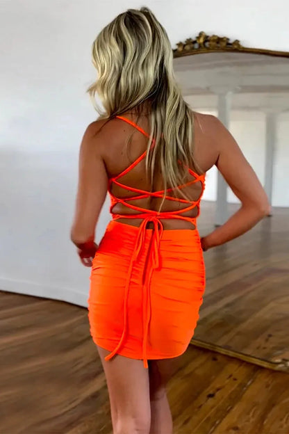 Short Orange Homecoming Dress With Spaghetti Straps And Corset Back AS128