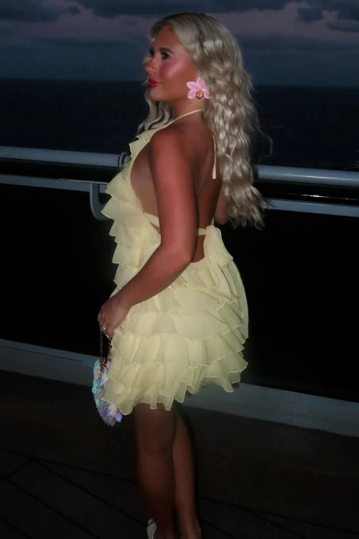 Chic Yellow Halter Neck Tiered Ruffle Chiffon Sheath Short Homecoming Dress AS1280