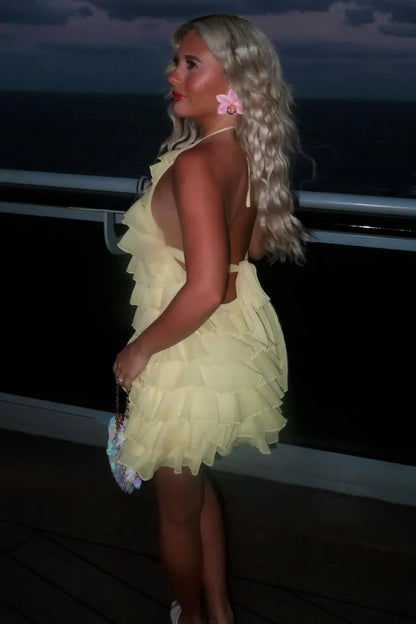 Chic Yellow Halter Neck Tiered Ruffle Chiffon Sheath Short Homecoming Dress AS1280