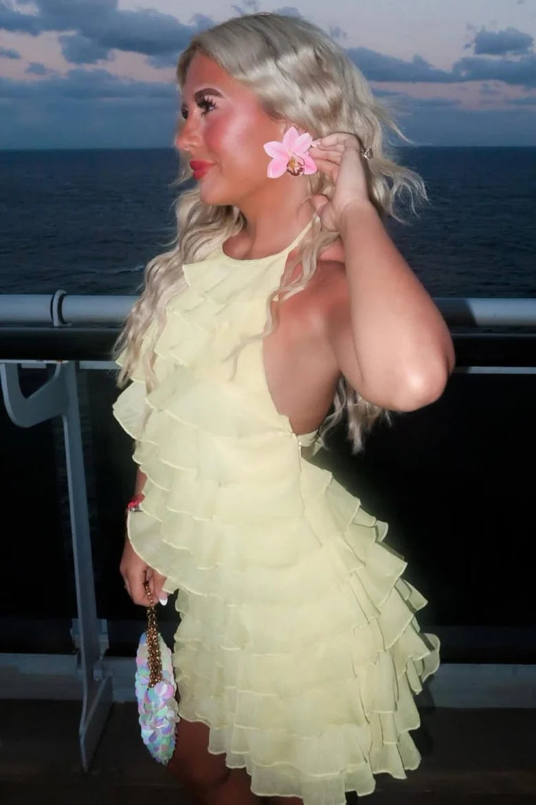 Chic Yellow Halter Neck Tiered Ruffle Chiffon Sheath Short Homecoming Dress AS1280