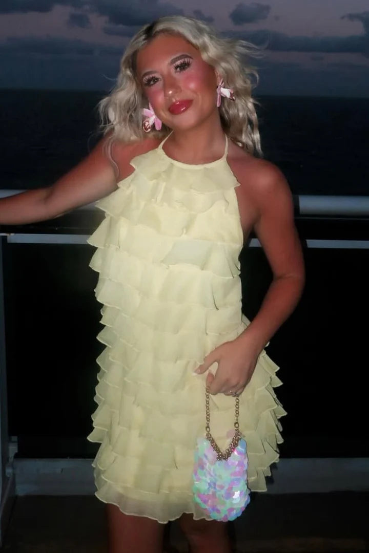 Chic Yellow Halter Neck Tiered Ruffle Chiffon Sheath Short Homecoming Dress AS1280