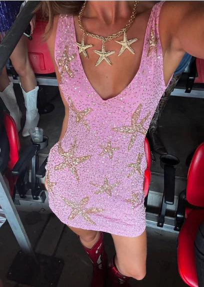 Chic Pink Sleeveless V Neck Sequin Beaded Bodycon Short Homecoming Dress AS1284