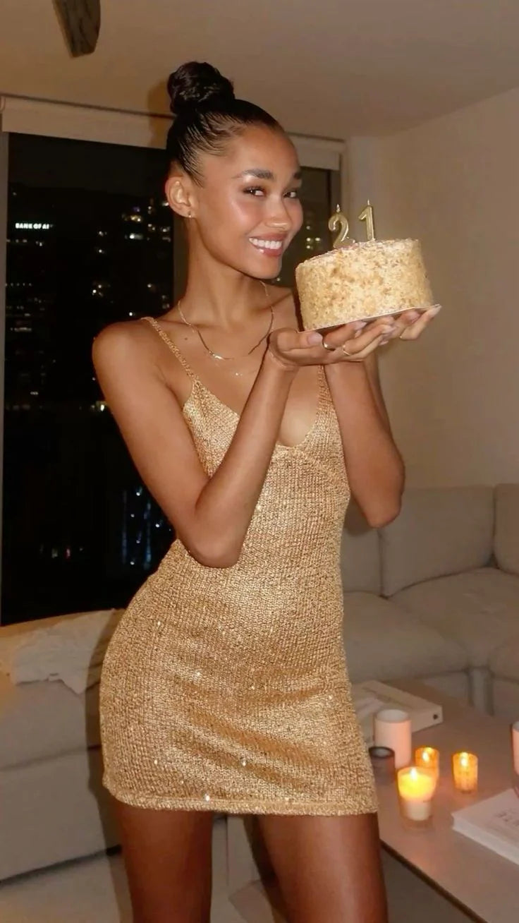Stunning Gold Glitter Spaghetti Straps V Neck Bodycon Mini Homecoming Dress AS1285
