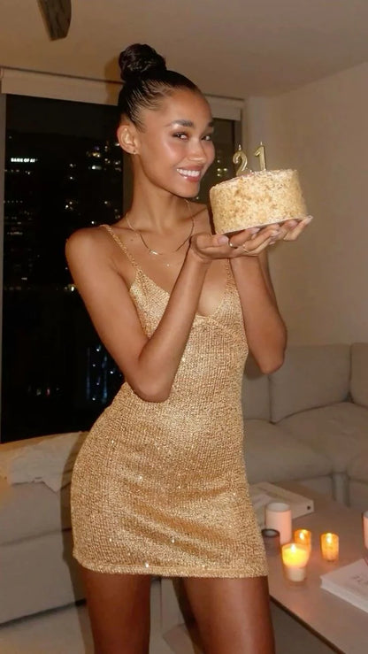 Stunning Gold Glitter Spaghetti Straps V Neck Bodycon Mini Homecoming Dress AS1285