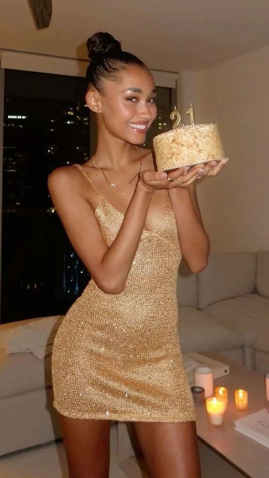 Stunning Gold Glitter Spaghetti Straps V Neck Bodycon Mini Homecoming Dress AS1285