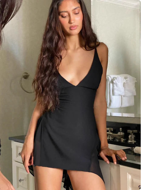 Modern Black Spaghetti Straps Deep V Neck Irregular Chiffon Short A Line Homecoming Dress AS1287