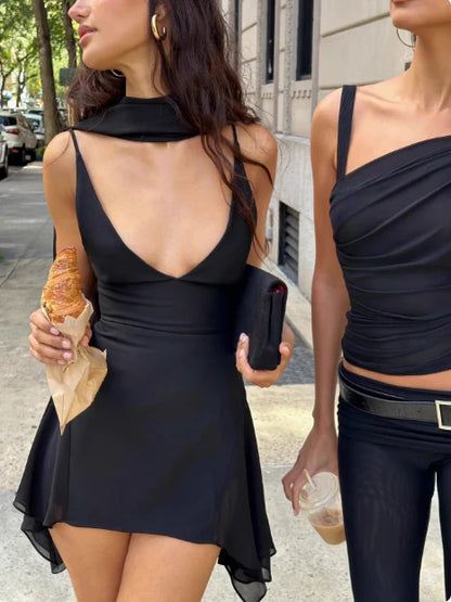 Modern Black Spaghetti Straps Deep V Neck Irregular Chiffon Short A Line Homecoming Dress AS1287