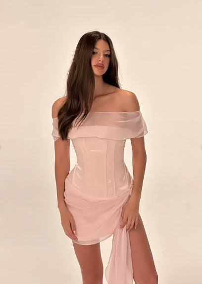 Lovely Pink Off-The-Shoulder Sheer Chiffon Corset Draped Side Sash Mini Bodycon Homecoming Dress AS1288
