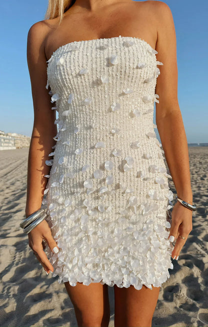 Unique White Strapless Sequin Beaded Bodycon Short Homecoming Dress AS1289
