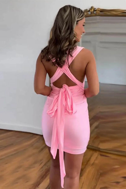 Convertible Straps Tight Homecoming Dress With Pleats And Open Back AS129