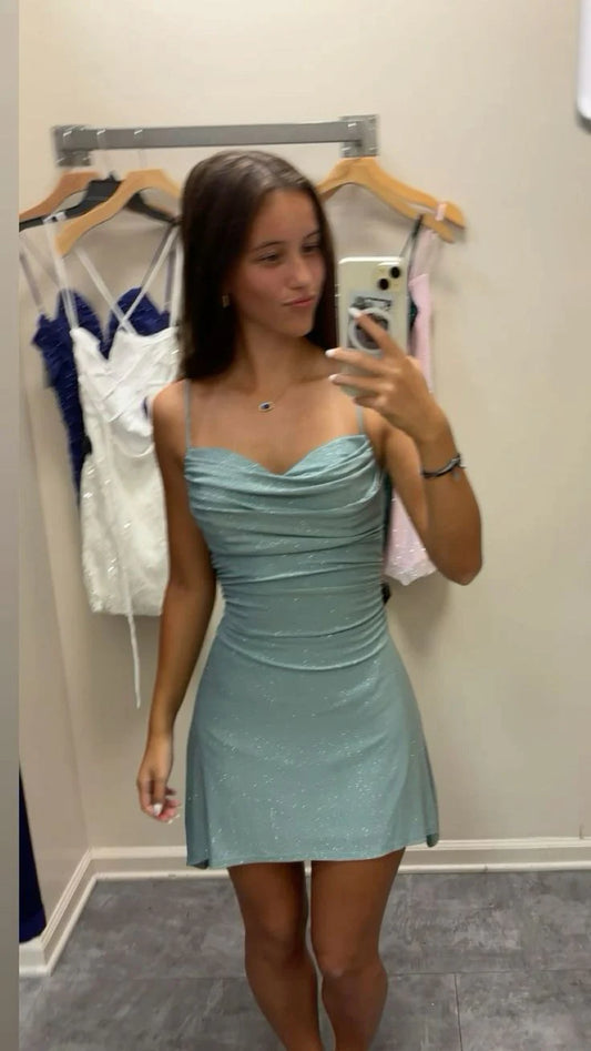 Sparkle Sage Green Spaghetti Straps Ruched Sweetheart Glitter A-Line Mini Homecoming Dress AS1291