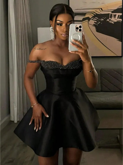 Luxe Black Off-The-Shoulder Rhinestone Trim Sweetheart A Line Short Mini Homecoming Dress AS1292