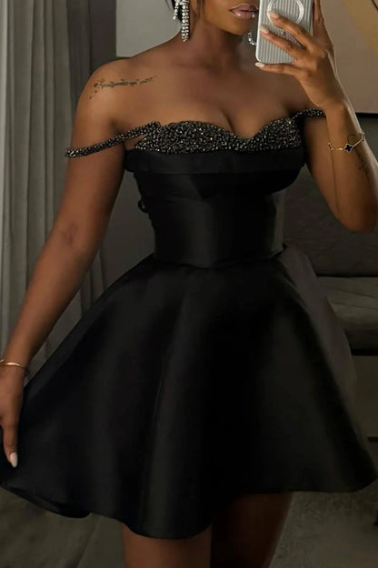 Luxe Black Off-The-Shoulder Rhinestone Trim Sweetheart A Line Short Mini Homecoming Dress AS1292